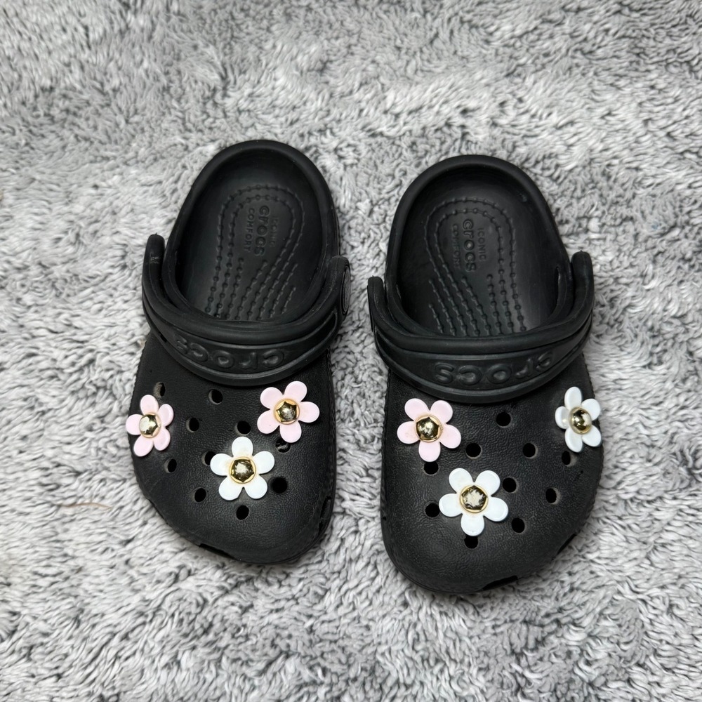 Crocs Classic Clogs Black Toddler Sz 5 Floral Flower Jibbitz Charms Slip On Shoe